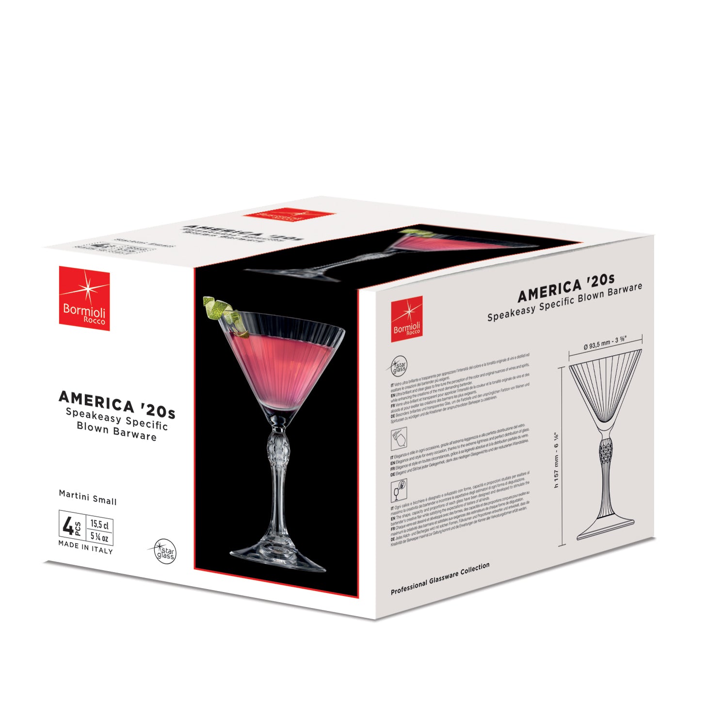 Bormioli Rocco America '20s 5.25 oz. Small Martini Glasses (Set of 4) box
