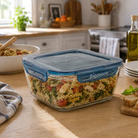 Side view of Frigoverre Evolution 6-Cup Square Glass Food Storage Container, Gray Lid (Set of 4)