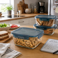 Side view of Frigoverre Evolution 6-Cup Square Glass Food Storage Container, Gray Lid (Set of 4)