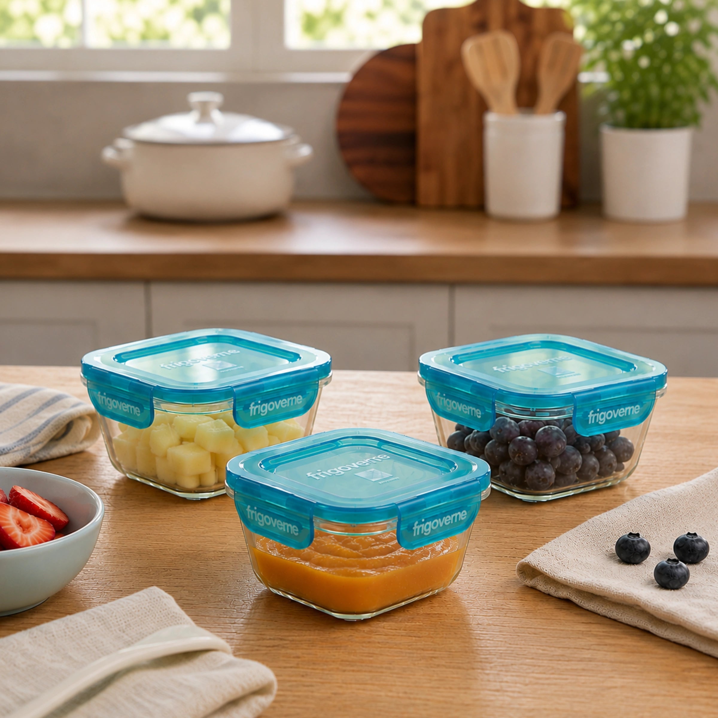 Frigoverre Evolution Square Glass Food Storage Container, Teal Lid
