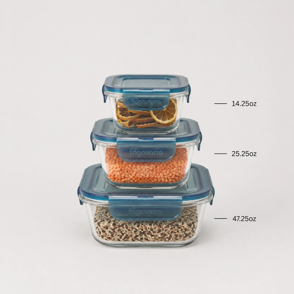 Three stacked transparent glass storage containers with blue lids on a light gray background, shown filled with dried citrus slices, orange lentils, and mixed grains. Small text labels indicate capacities of 14.
