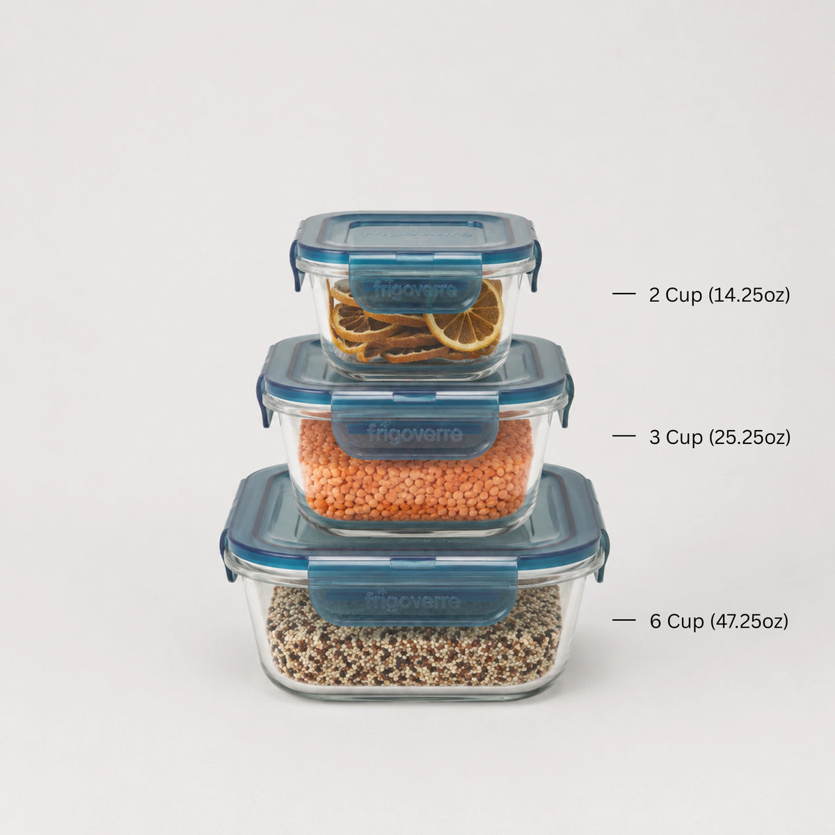 Frigoverre Evolution 3-Cup Square Food Storage Container, Gray Lid