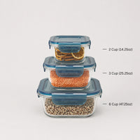 Side view of Frigoverre Evolution 6-Cup Square Glass Food Storage Container, Gray Lid (Set of 4)