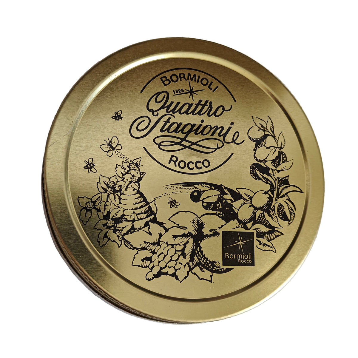 Gold Quattro Stagioni Replacement lid with 'Bormioli Rocco' branding and decorative elements on a white background