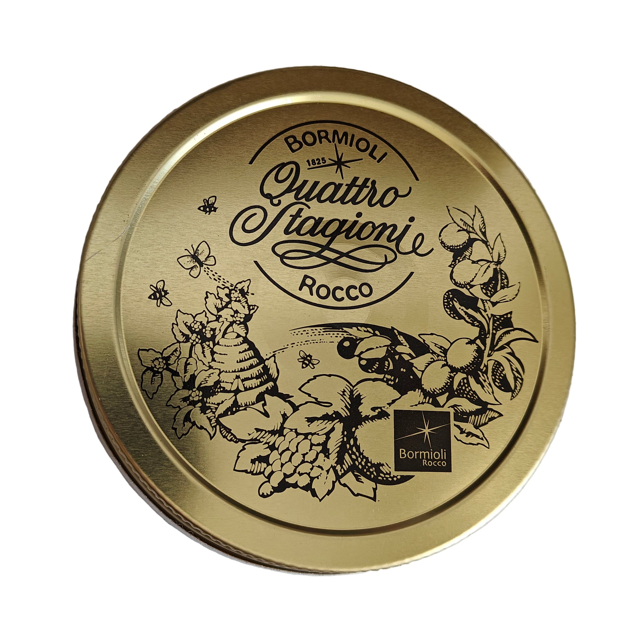 Gold Quattro Stagioni Replacement lid with 'Bormioli Rocco' branding and decorative elements on a white background