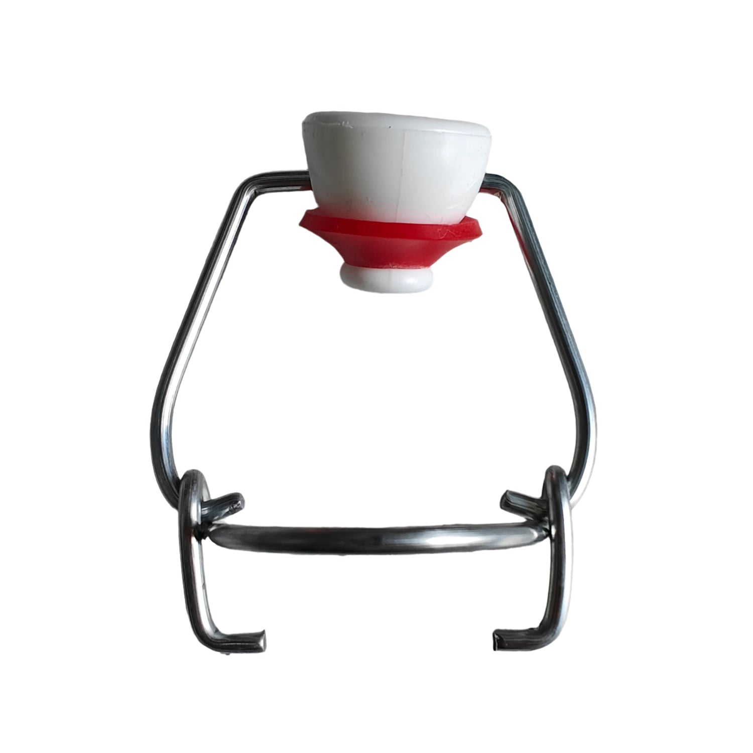 White and red swing top replacement lid on a metallic wire