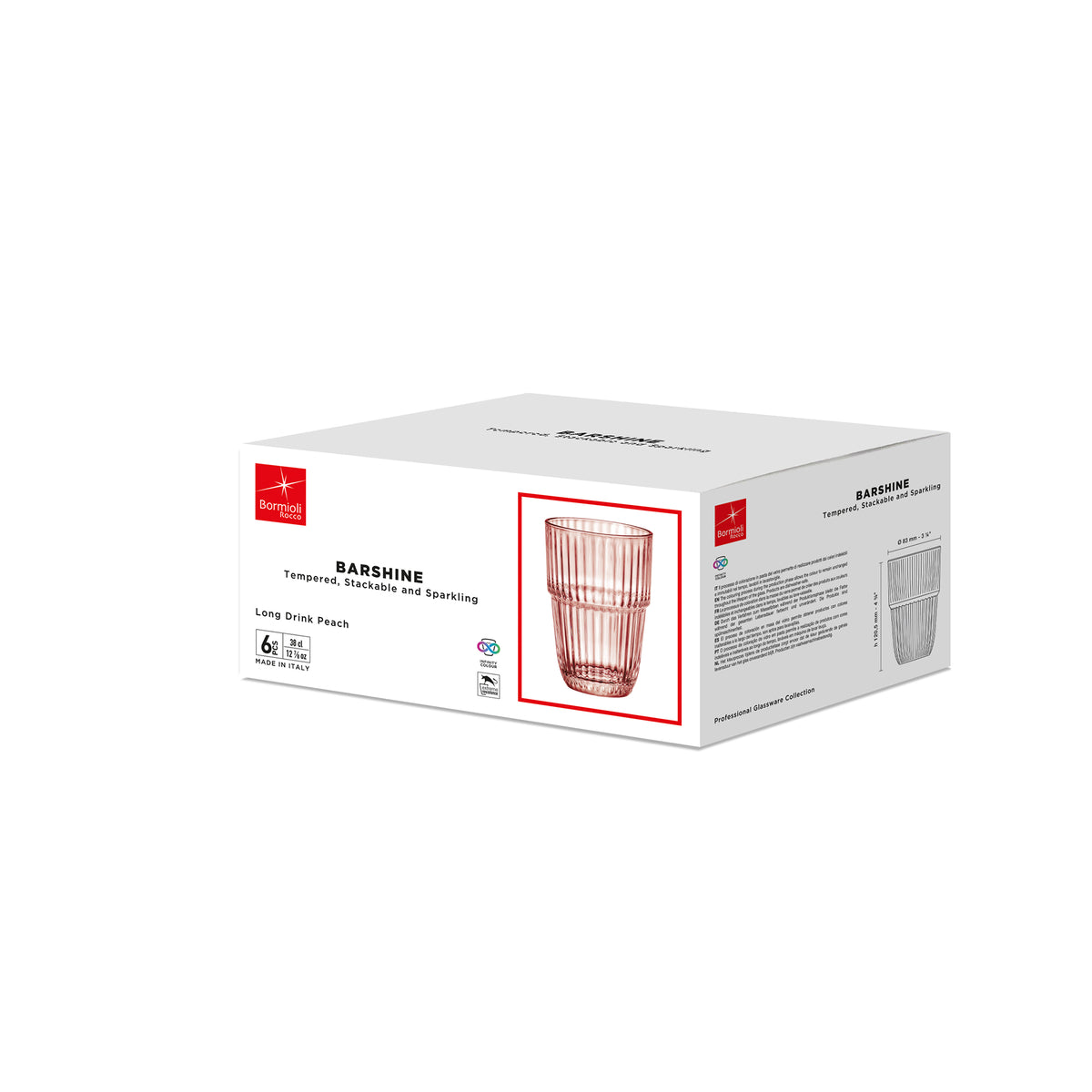 Bormioli Rocco Barshine 12.8 oz. Long Drink Stackable Drinking Glasses, peach box