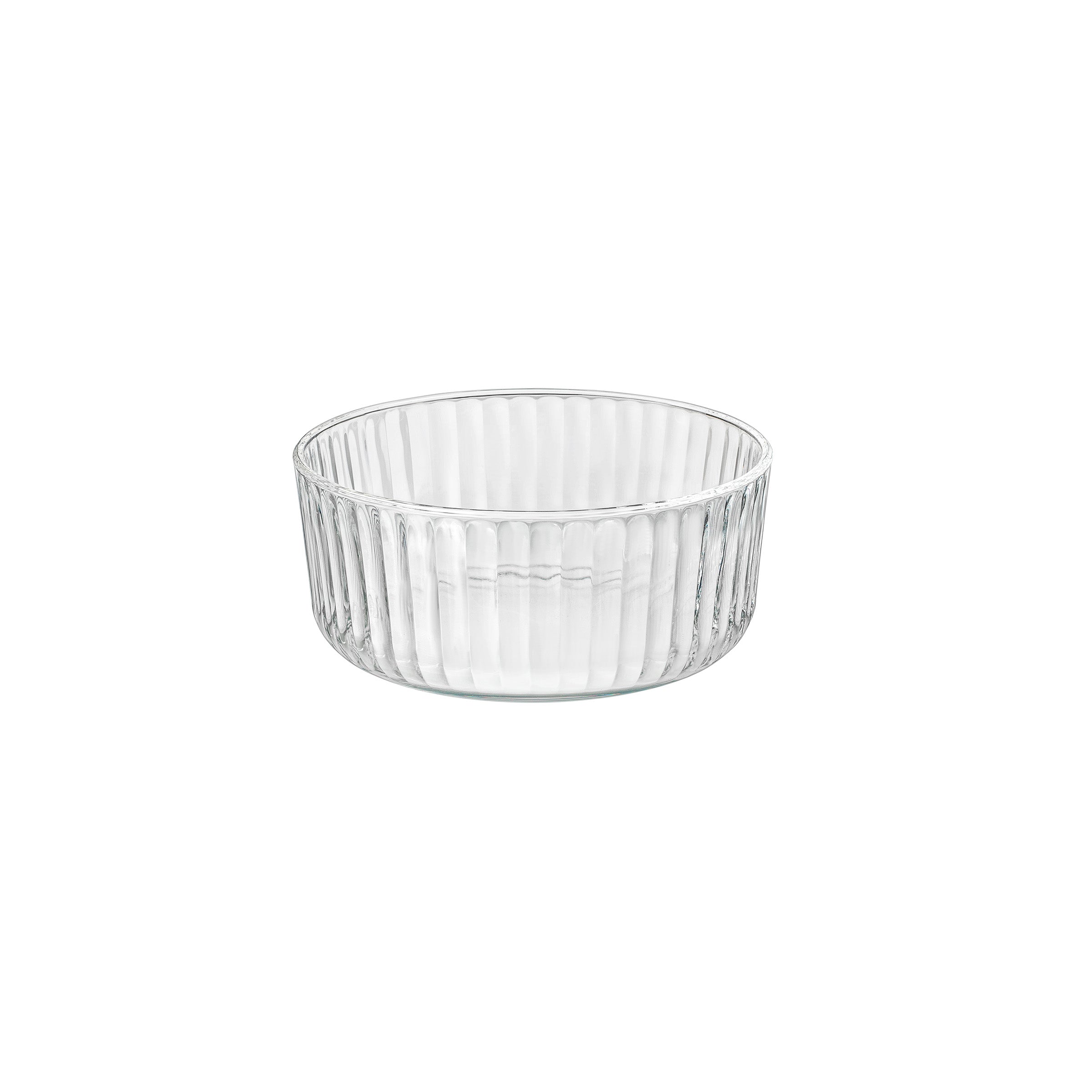 A clear round Exclusiva glass serving bowl with a multifaceted texture.