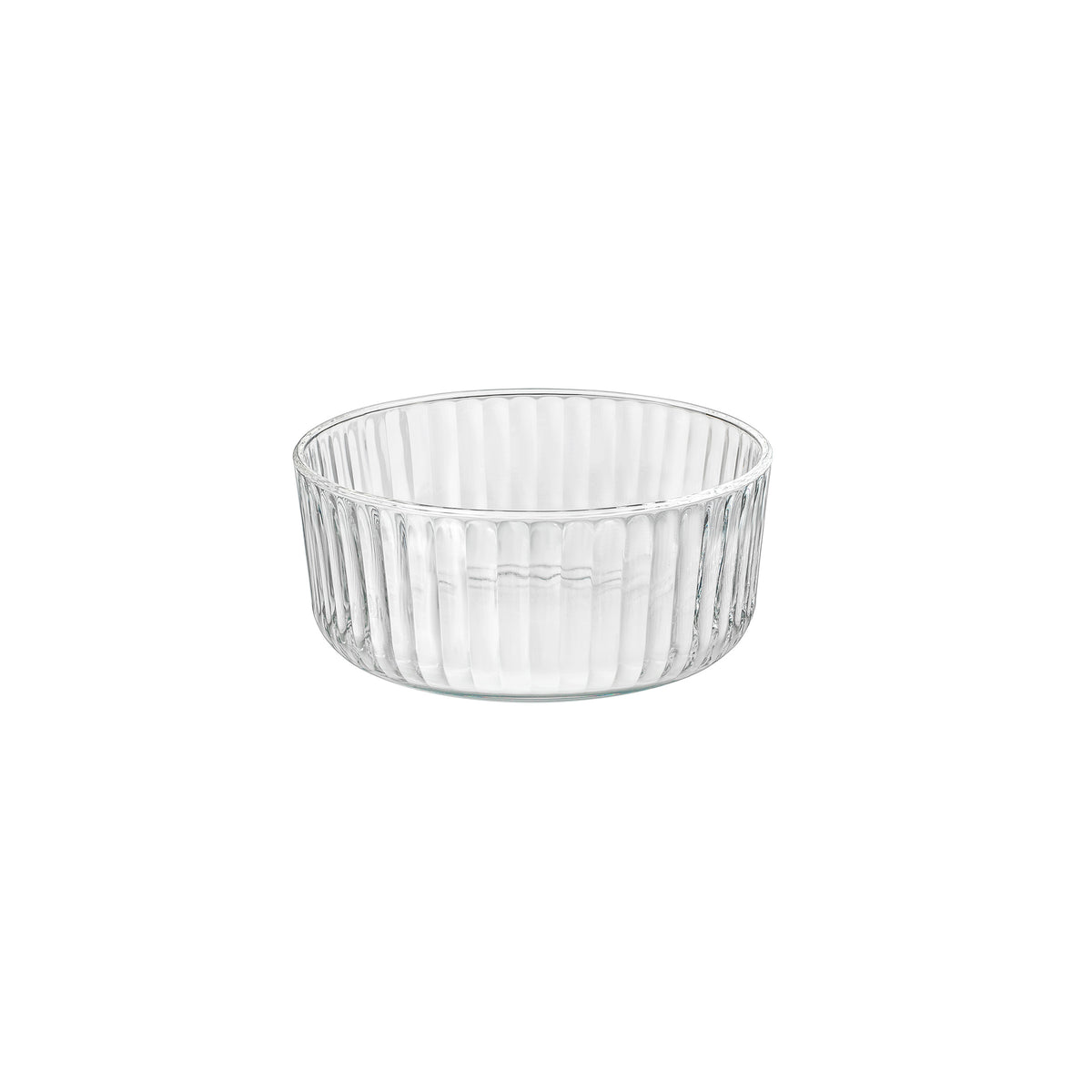 Clear Exclusiva glass bowl with ribbed design on a white background