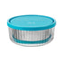 Two round Frigoverre Brillante glass food storage containers with blue lids, one nested inside the other.