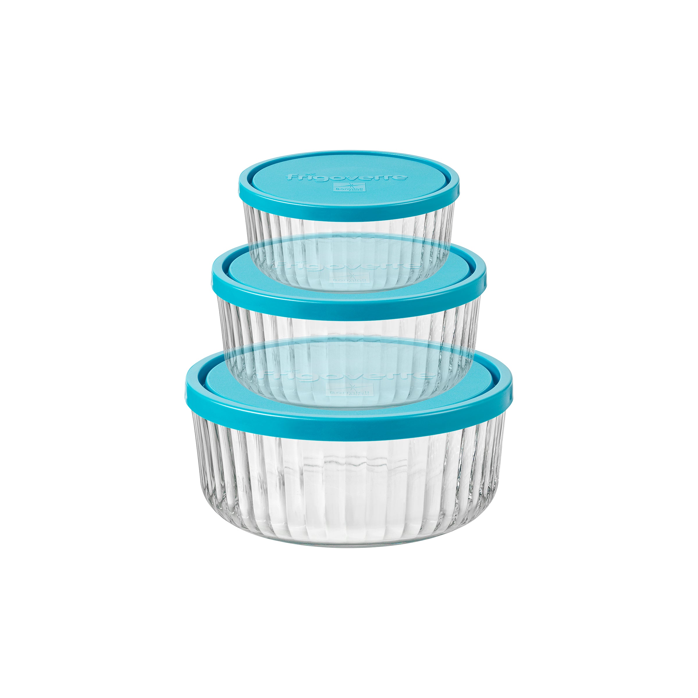 A set of three Frigoverre Brillante round glass food storage containers with blue lids, in varying sizes, designed to nest inside one another.