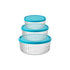 A set of three Frigoverre Brillante round glass food storage containers with blue lids, in varying sizes, designed to nest inside one another.