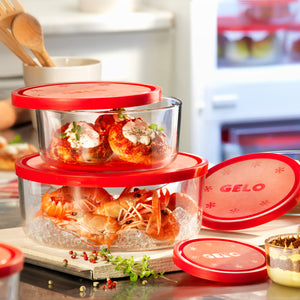 Bormioli Rocco Gelo 3pc Storage Container Set with Red Lid (11.62 oz.,24.37 oz. & 44.62oz.)