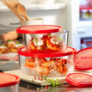 Bormioli Rocco Gelo 4pc Storage Container Set with Red Lid (8.25 oz., 20.25 oz., 37.25 oz. & 81 oz.)