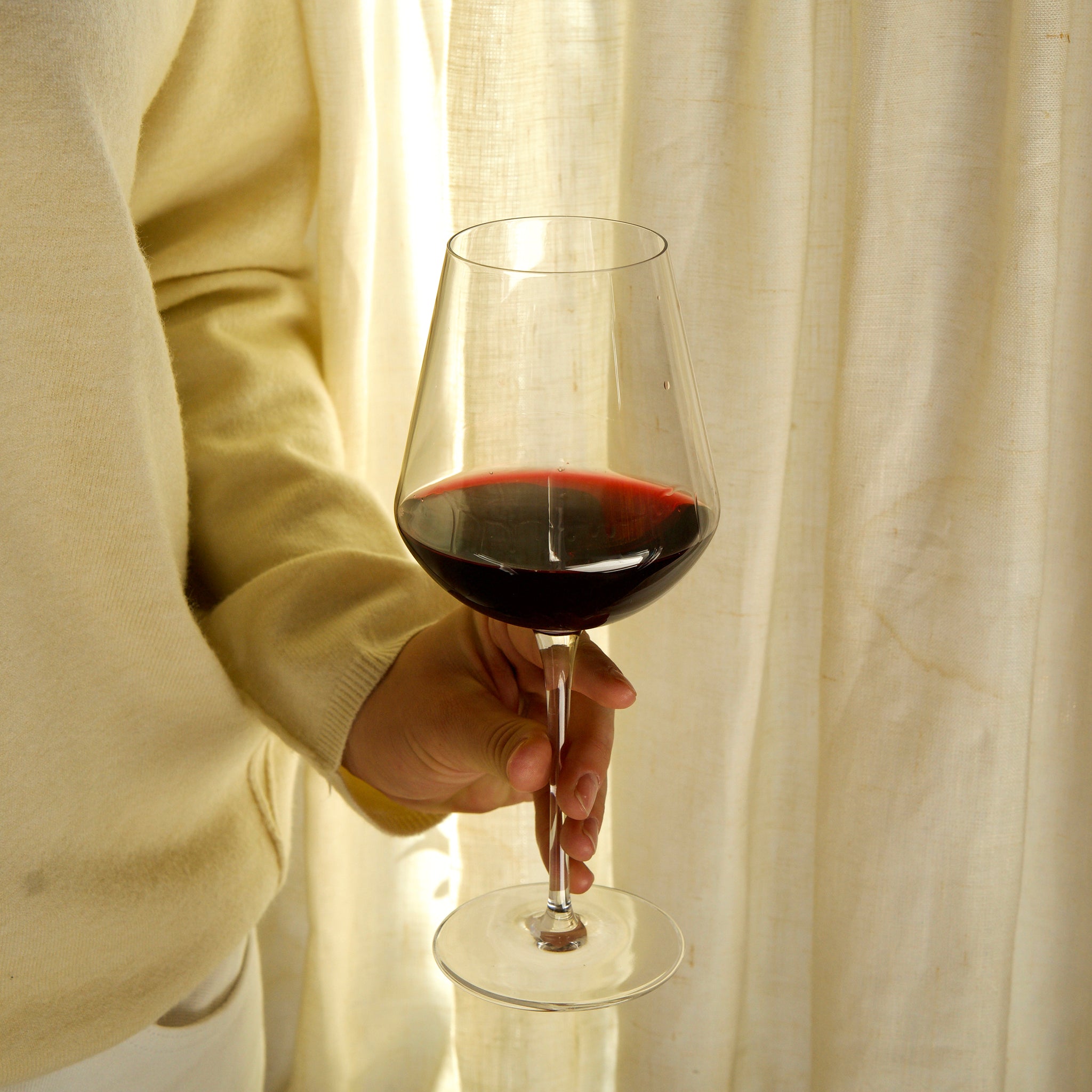 Hand holding a glass of red wine against a soft, neutral background