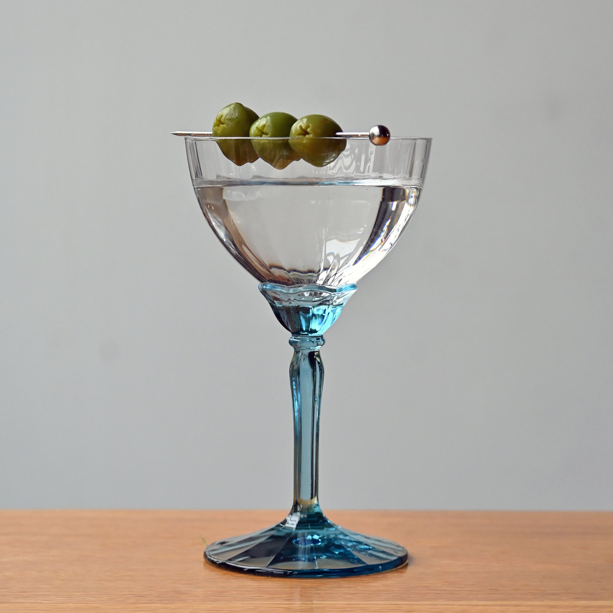 Martini Glass, Blue Rim 15oz Short Stem set of four with 80oz bola pitcher