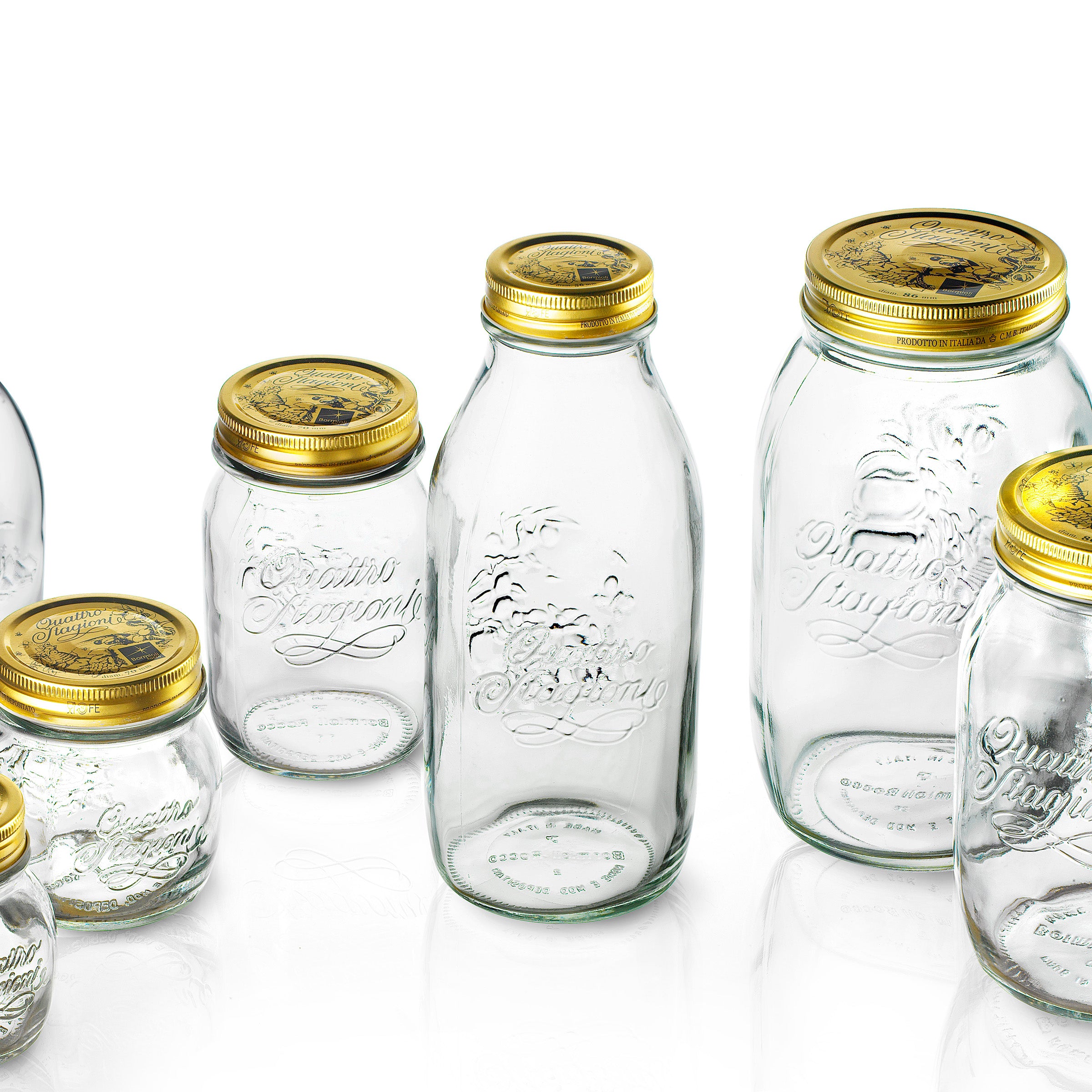 Bormioli Rocco Quattro Stagioni, Glass Canning Jar and Drinking Bottle,  13.5 Oz. with Gold Metal Airtight Lid, Made in Italy.